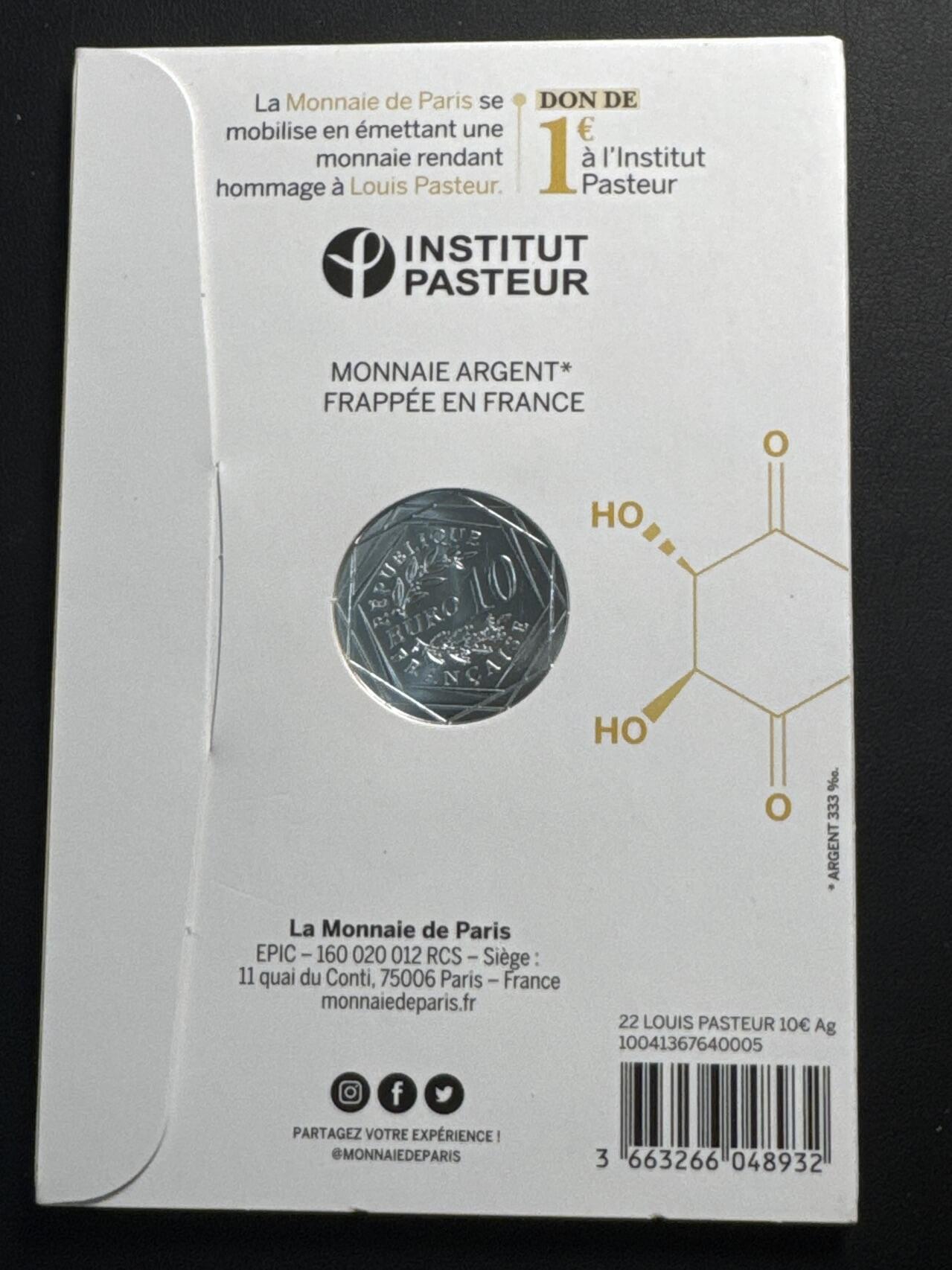 ❤️【币观天下】❤️ 第329期钱币拍卖- 2025.10.31周五晚上6点半场-长期征集拍品 原厂卡装克劳斯获奖最具历史意义币法国2022年化学家巴斯德诞辰200周年纪念银币333银重17克直径31毫米