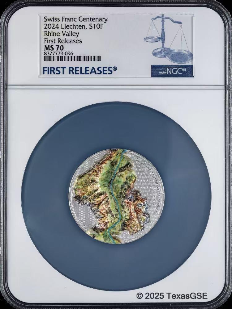 ❤️【币观天下】❤️ 第329期钱币拍卖- 2025.10.31周五晚上6点半场-长期征集拍品 2024年列支敦士登法郎100周年纪念2盎司大银币ngc-ms70首期标 正面以高浮雕再现了莱茵河谷的地形 巧思奇妙 铸造工艺精湛 附原厂盒证