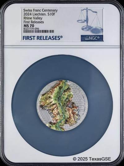 ❤️【币观天下】❤️ 第329期钱币拍卖- 2025.10.31周五晚上6点半场-长期征集拍品 - 2024年列支敦士登法郎100周年纪念2盎司大银币ngc-ms70首期标 正面以高浮雕再现了莱茵河谷的地形 巧思奇妙 铸造工艺精湛 附原厂盒证