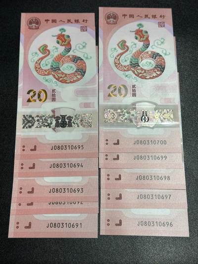 《外钞收藏家》第五百八十期（精选场）（本平台长期征集拍品、欢迎藏友们联系合作） - 2025年蛇年纪念钞20元 标准10连号 全新UNC