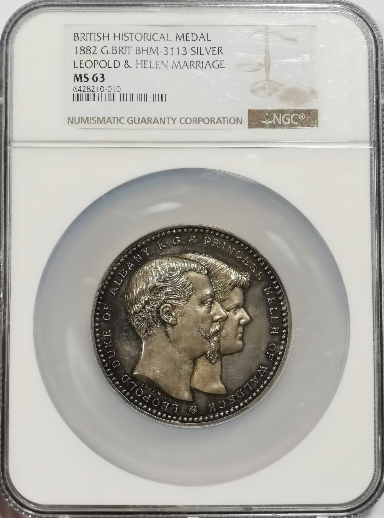 博洋堂“物美丰成”11月精品专场暨第145期（全场包邮） NGC MS63 英国1882年奥尔巴尼公爵和海伦妮公主大婚银章，直径64mm，罕见品种，高浮雕立体生动，状态一流，附原盒