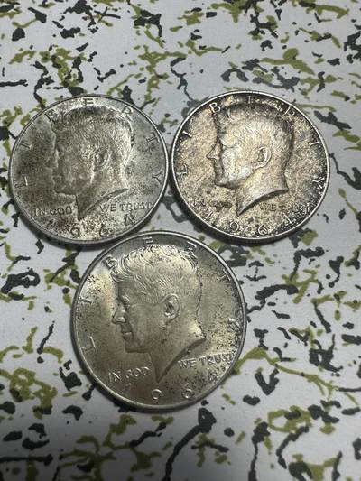 外国钱币，章 - 美国1964年肯尼迪半元银币3枚，0.9成银，银价330+