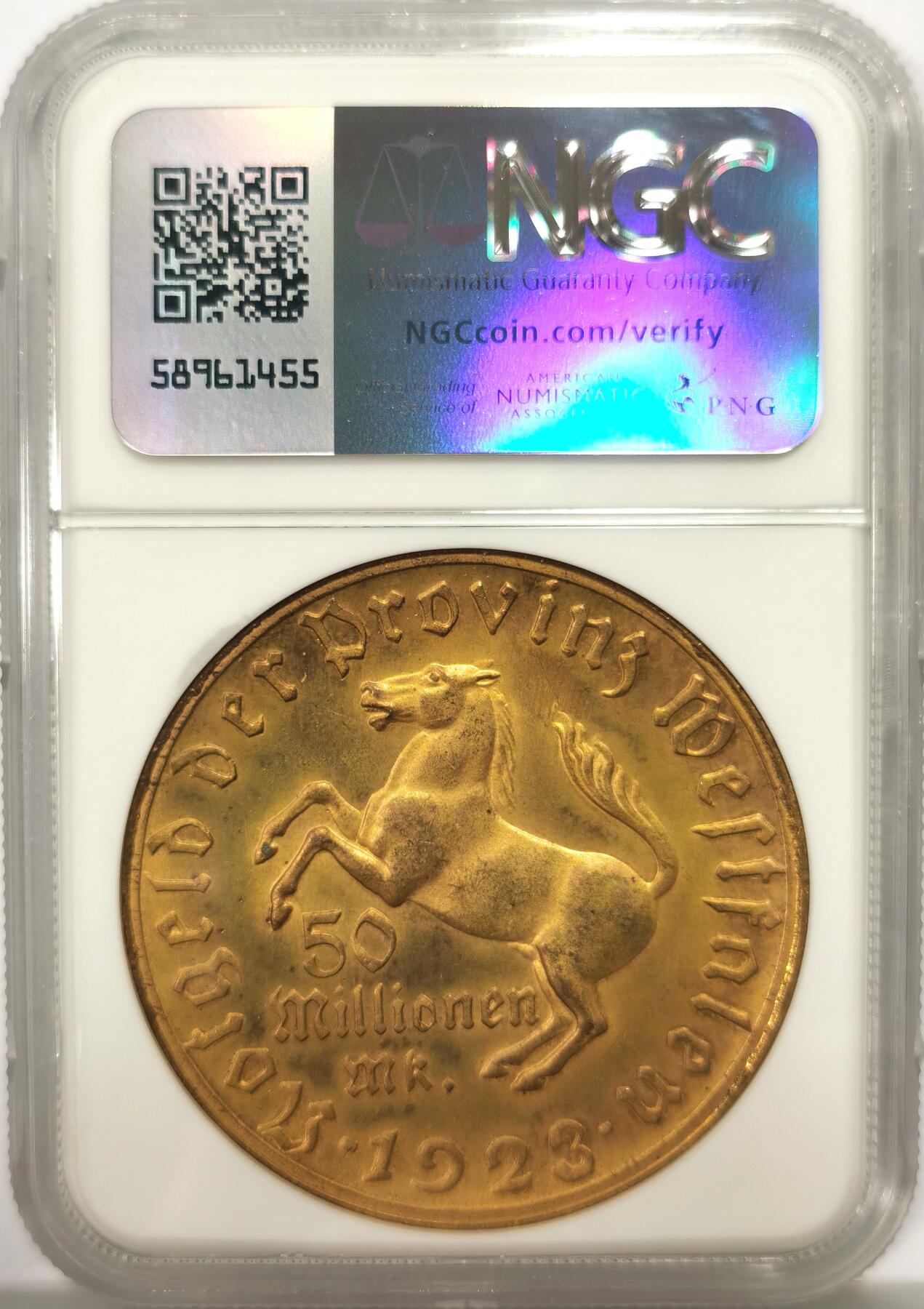 博洋堂世界钱币拍卖第144期（全场包邮） NGC MS64 1923年德国德紧威斯特伐利亚5千万马克镀金铜币 马币全套中的第二大面额，金光闪闪。