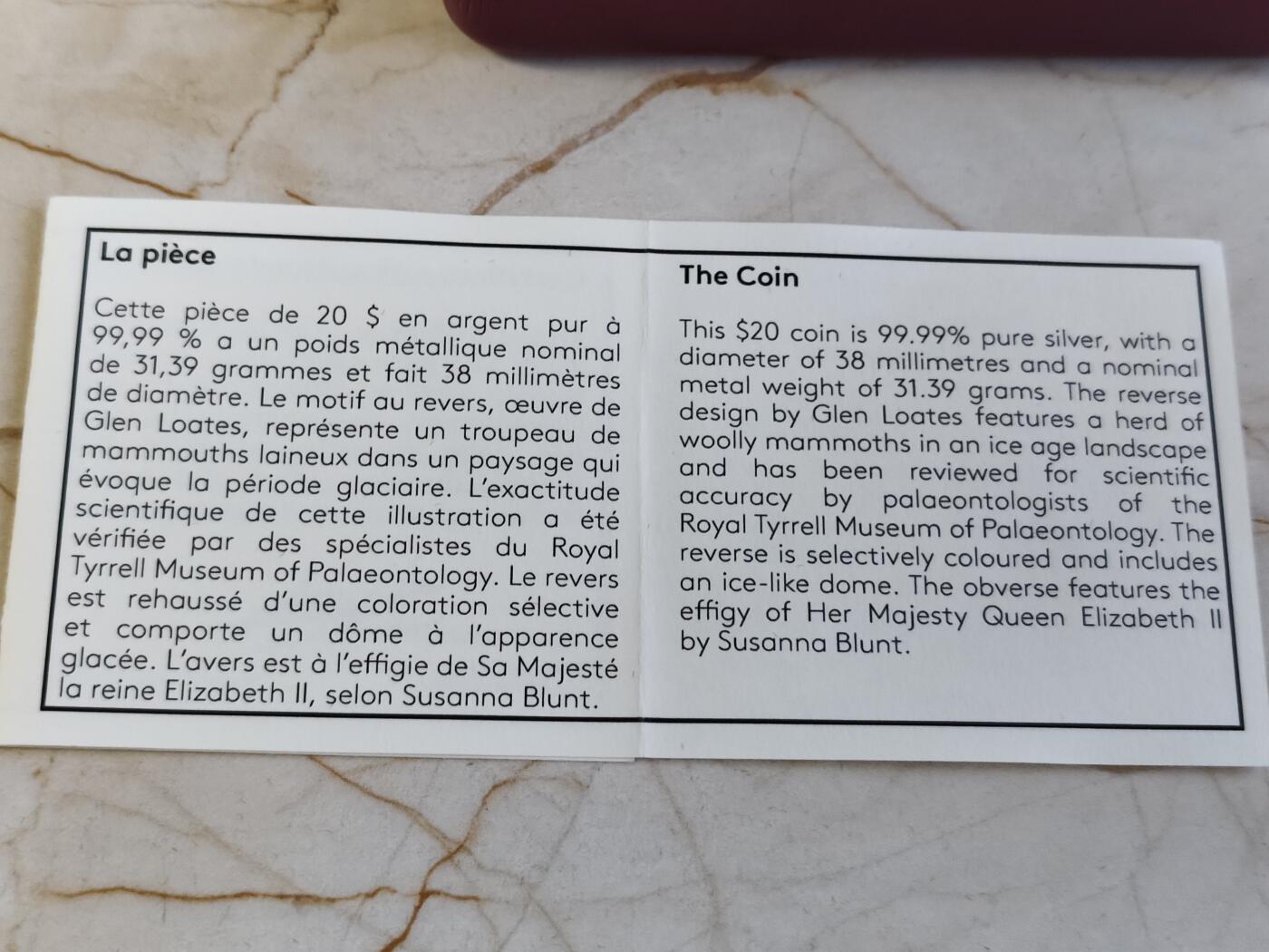 第180期拍卖【长期征集拍品】【北京币展专场】 加拿大2018年冰河世纪系列1长毛猛犸困冰技术银币，9999银，发行5000枚