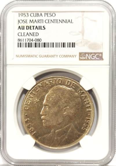 博洋堂世界钱币拍卖第144期（全场包邮） - NGC AUD 古巴1953年纪念何塞马蒂1比索大银币，正面渐变金彩，背面巧克力包浆，味道非常好，给清洗错杀