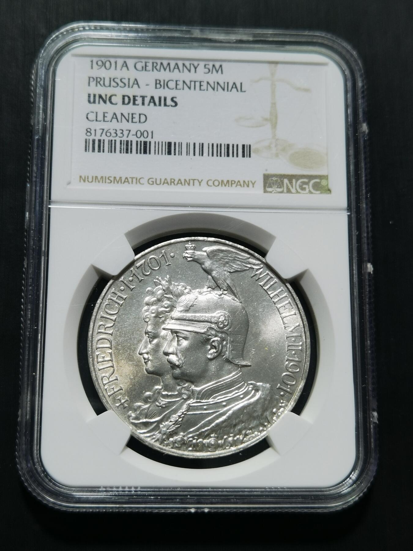 天下钱庄专场欢迎参拍 NGC UNC德国普鲁士建国200周年5马克银币