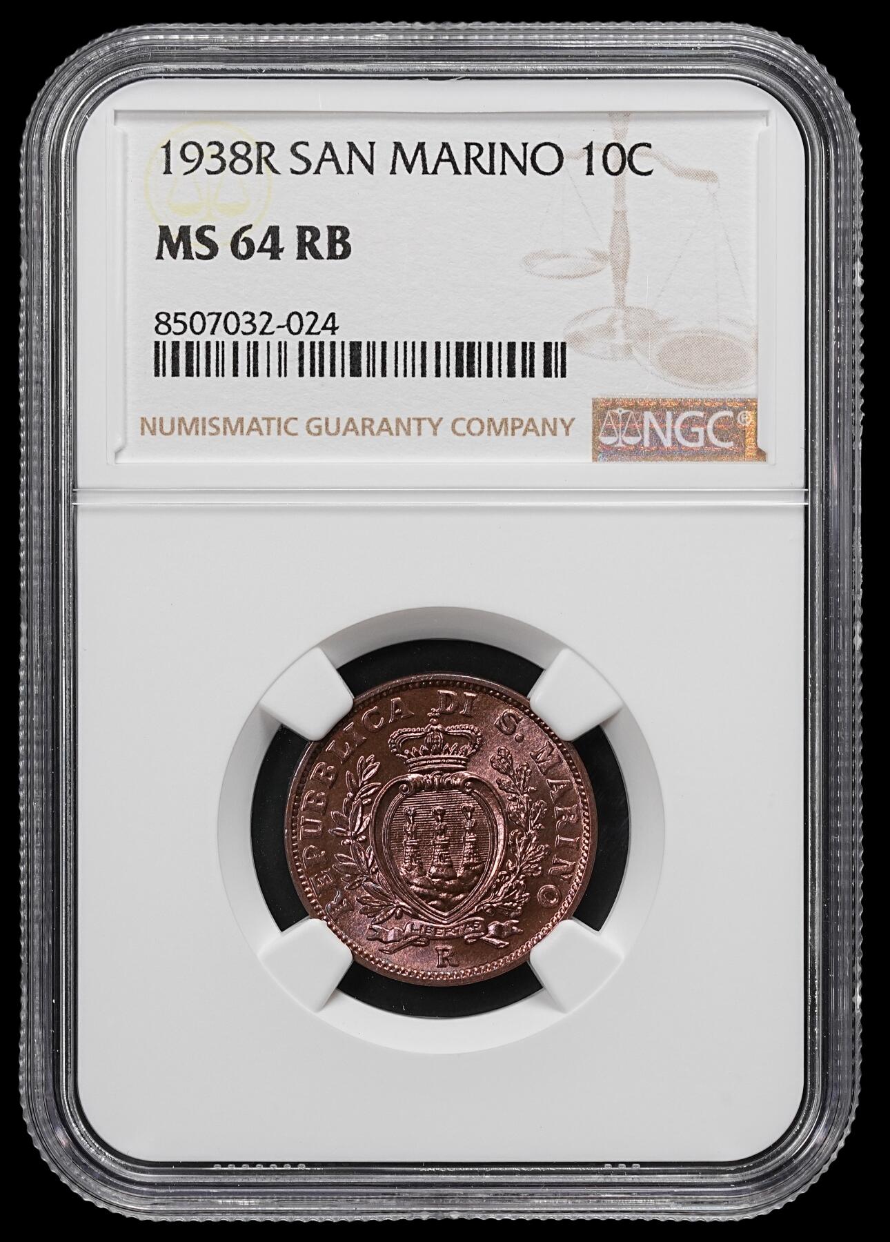 修遠堂世界钱币第九十一期 NGC MS64RB 1938年圣马力诺10分铜币