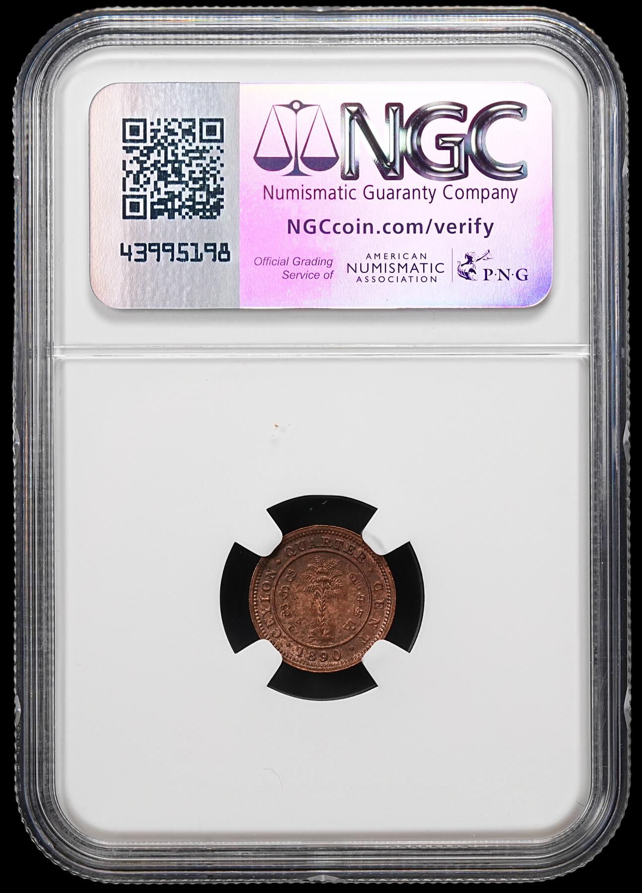 修遠堂世界钱币第九十一期 NGC MS63RB 1890年英属锡兰1/4分铜币