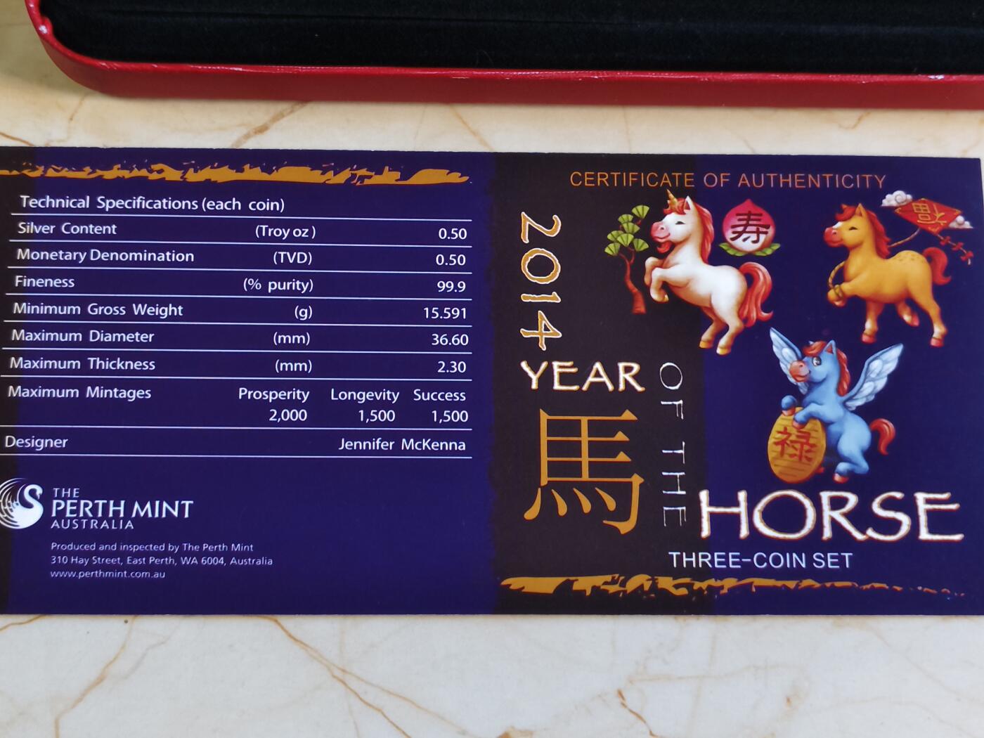 第180期拍卖【长期征集拍品】【北京币展专场】  图瓦卢2014年50分3枚彩色精制银币套 马年（福禄寿） 15.91克*3枚，999银 发行量小于1500套 盒证全 澳大利亚铸造，证书号1266