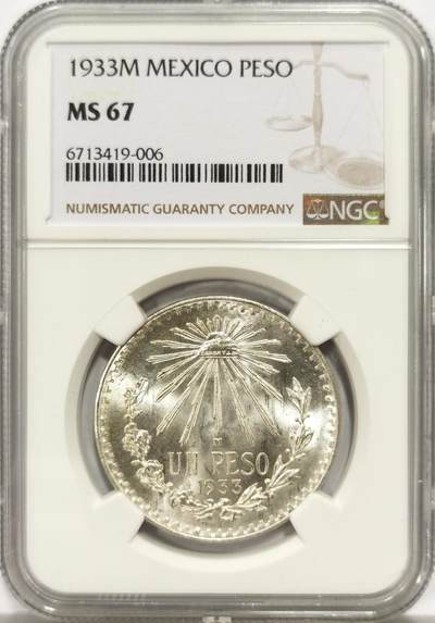 博洋堂世界钱币拍卖第144期（全场包邮） - NGC MS67 墨西哥1933年1比索银币，巅峰级分数