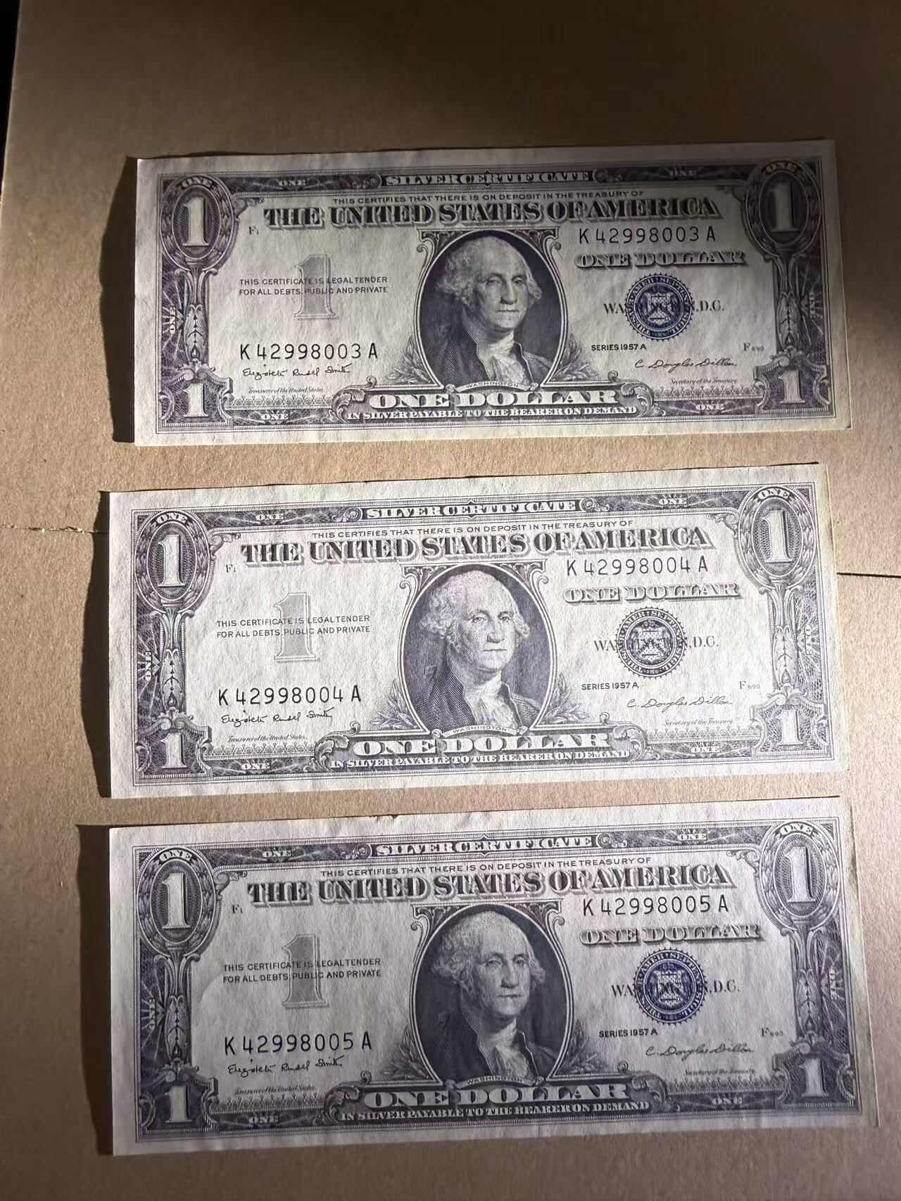 【礼羽收藏】🌏世界钱币拍卖第109期 美国1957年 1银币券 3张连号 全新unc- 