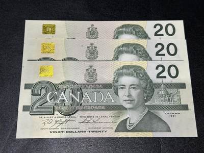 《外钞收藏家》第五百八十期（精选场）（本平台长期征集拍品、欢迎藏友们联系合作） - 加拿大鸟版20元三张一组（3种不同签名；UNC）