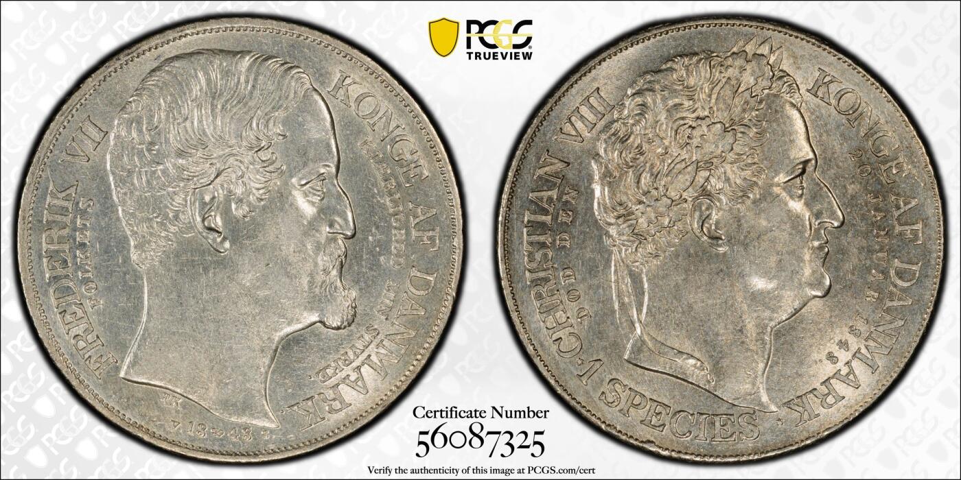 博洋堂世界钱币拍卖第144期（全场包邮） PCGS AU58 1848年丹麦克里斯蒂安七世逝世和弗雷德里克七世登极纪念1SD大银币，极少见品种，双王同币很特殊的设计。此枚黄油包浆强车轮光，状态远超58分平均水准。麦稀奇此前同分3300元成交