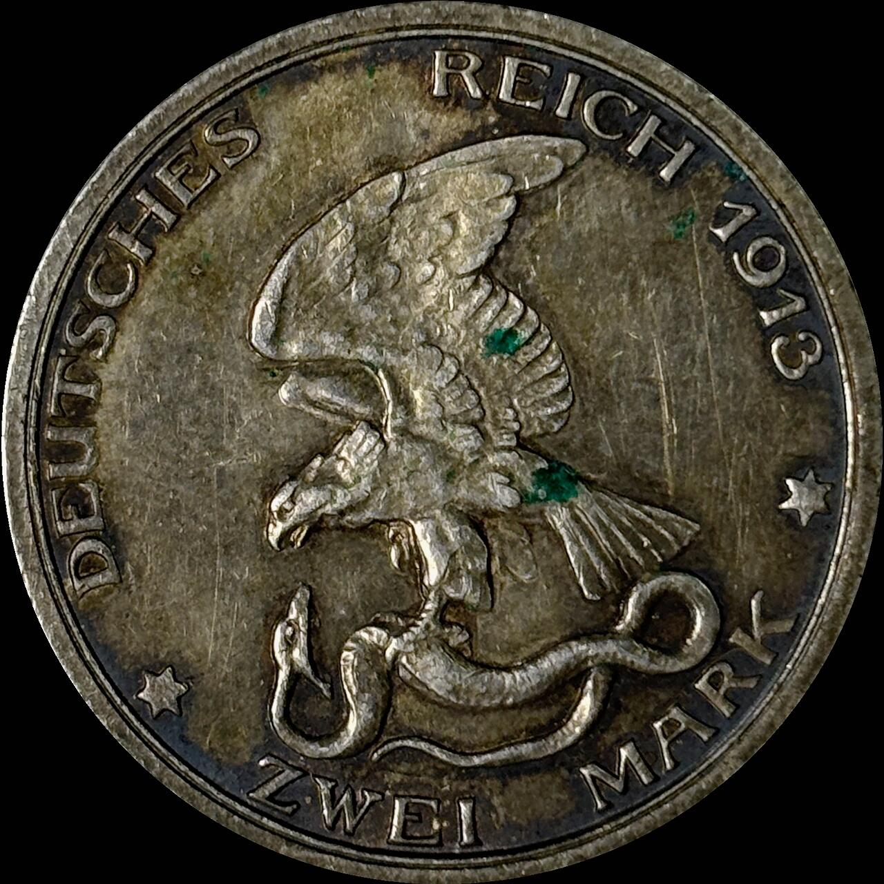 【雨安】【世界币章112-113期】周五/周六 两场连拍 2025-10-31 周五 19:30 保真 8秒倒数自动落锤 高效拍卖  [裸币德国] Germany 德国 帝国 普鲁士 2马克 (1913) 普法战争 1913年