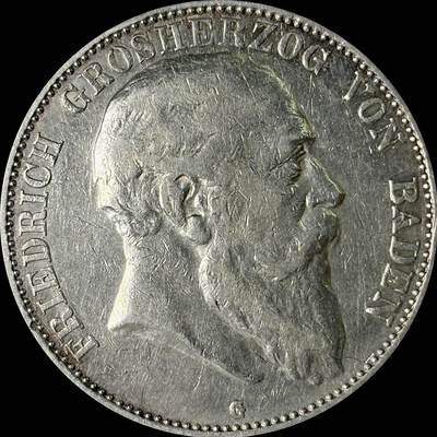 【雨安】【世界币章112-113期】周五/周六 两场连拍 2025-10-31 周五 19:30 保真 8秒倒数自动落锤 高效拍卖  - [裸币德国] Germany 德国 帝国 巴登 5马克 弗里德里希一世 右侧 1907年