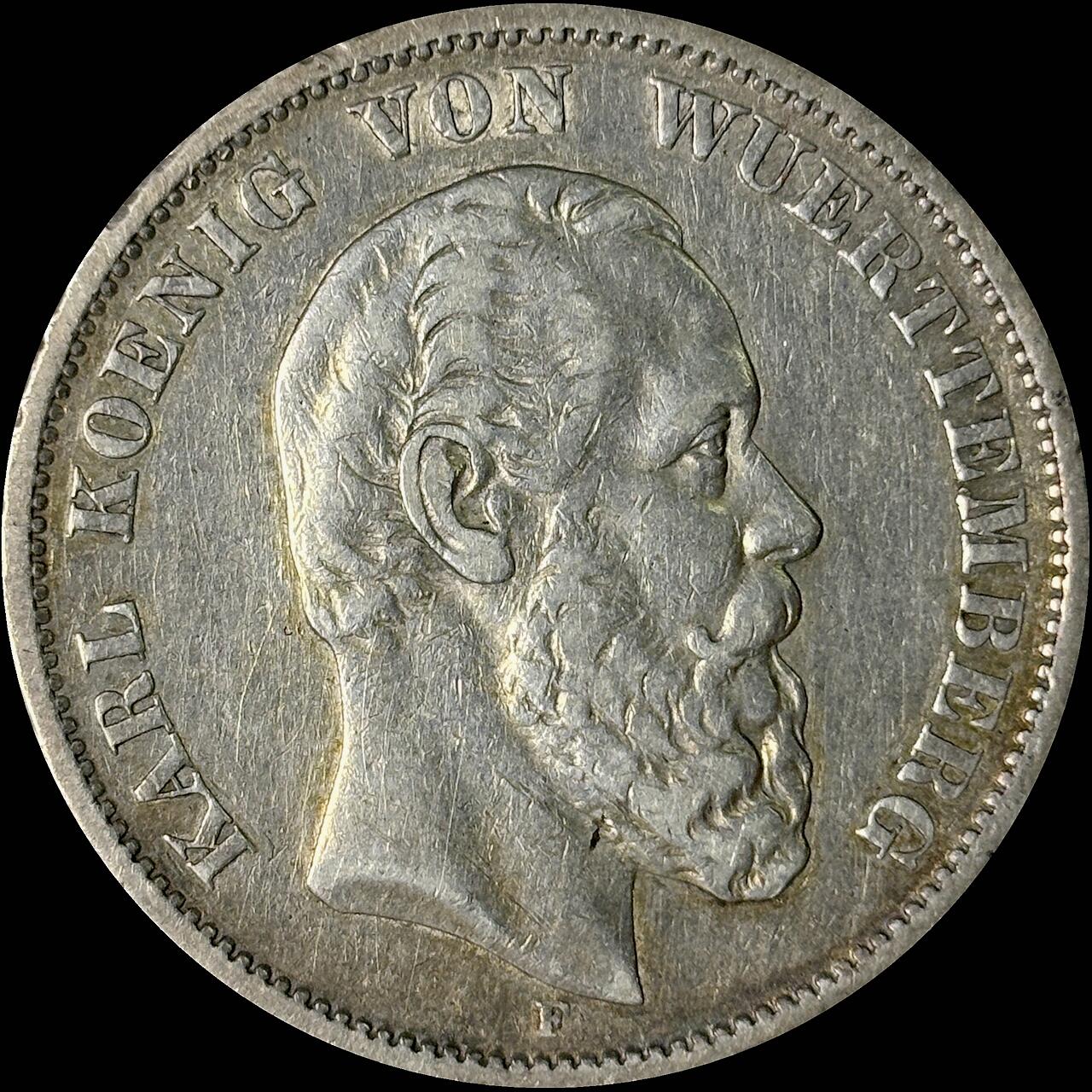 【雨安】【世界币章112-113期】周五/周六 两场连拍 2025-10-31 周五 19:30 保真 8秒倒数自动落锤 高效拍卖  [裸币德国] Germany 德国 帝国 符腾堡 5马克 卡尔 1876年