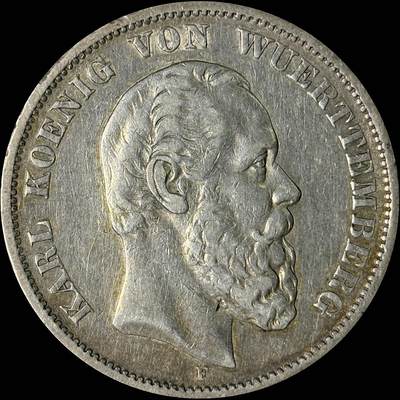 【雨安】【世界币章112-113期】周五/周六 两场连拍 2025-10-31 周五 19:30 保真 8秒倒数自动落锤 高效拍卖  - [裸币德国] Germany 德国 帝国 符腾堡 5马克 卡尔 1876年