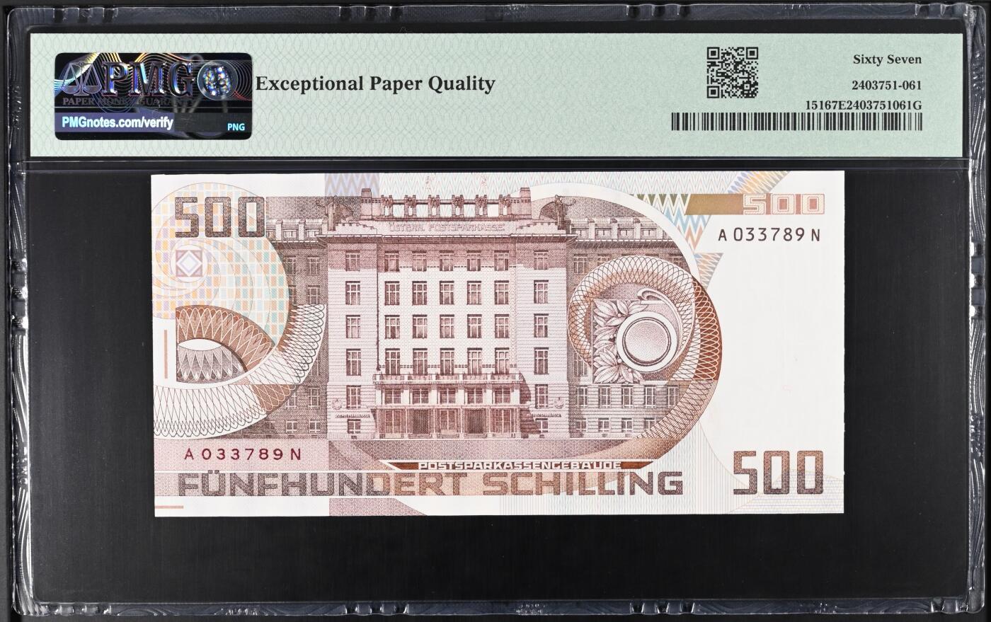 《艾美收藏》第218期-11.2周日外币荟萃 奥地利1985年500先令PMG67E亚军分无4顺子尾 冠军68分仅7张 该套次高值最稀缺品种，奥地利建筑师瓦格纳