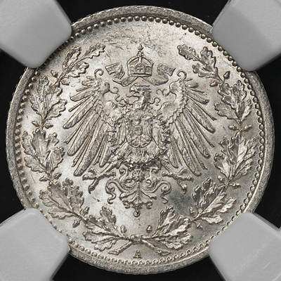 修遠堂世界钱币第九十一期 - NGC MS66 1915年德国1/2马克银币 A厂铭