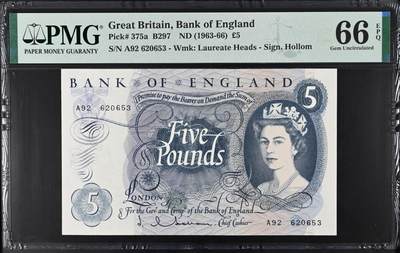 《艾美收藏》第218期-11.2周日外币荟萃 - 英国C序列1963-66年A冠5镑PMG66E无47 年轻女王 Pick#375a