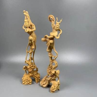 听雨轩（13） - 敦煌飞天一对 黄杨木木雕 高约23cm