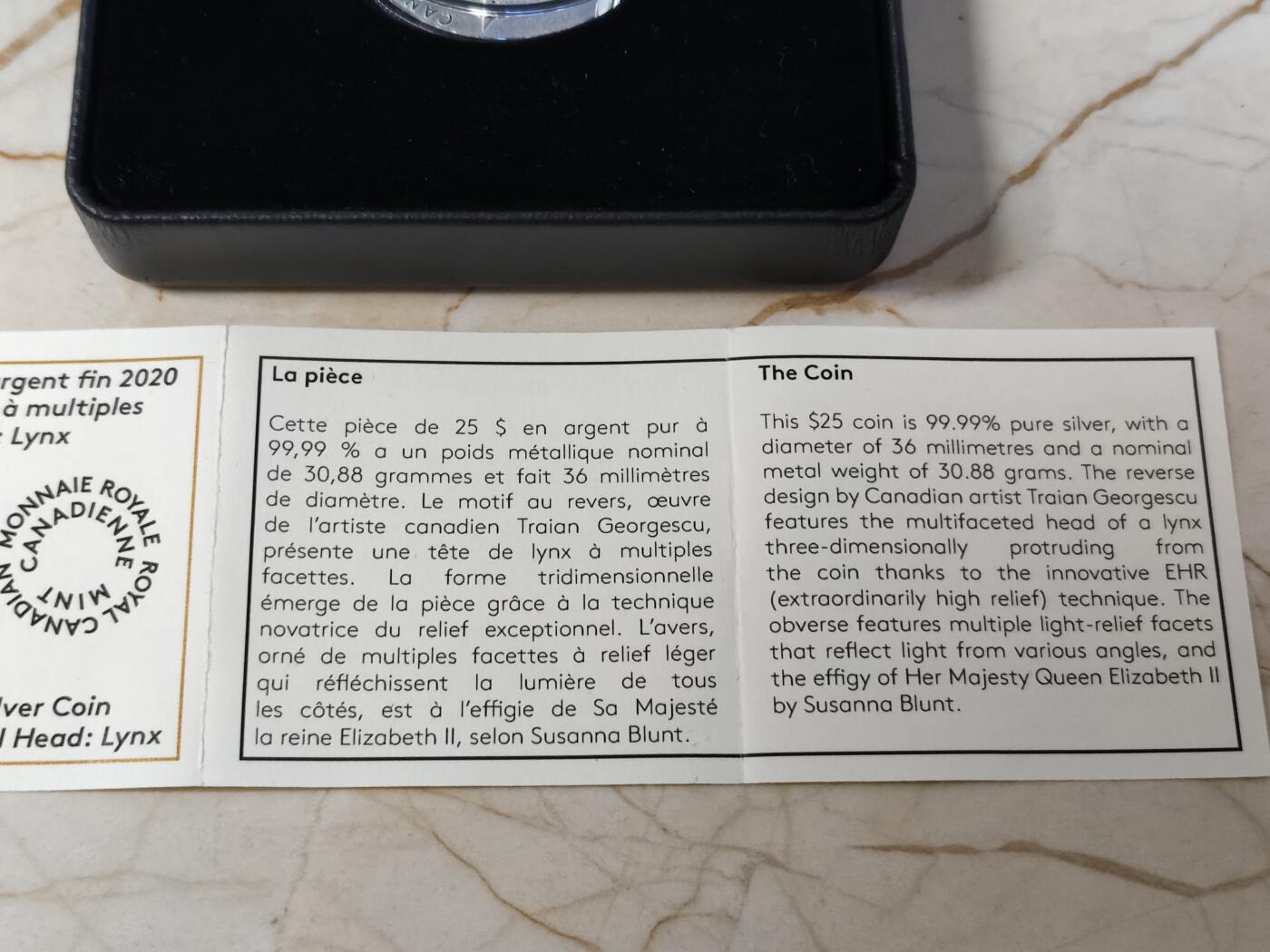 第180期拍卖【长期征集拍品】【北京币展专场】 加拿大2020年多边立体高浮雕动物系列猞猁1盎司纪念银币，9999银，发行2500枚，女王面G字母下面有点擦伤，边齿氧化
