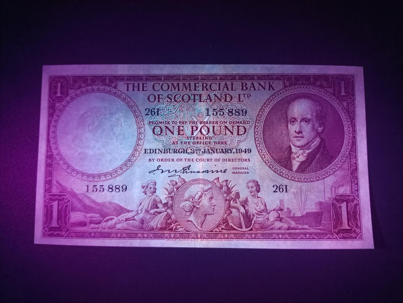 2025十一月第一期，总199期 苏格兰国家商业银行1949年1镑流通好品XF，银行创始人和苏格兰大徽章，少见早期紫色版本