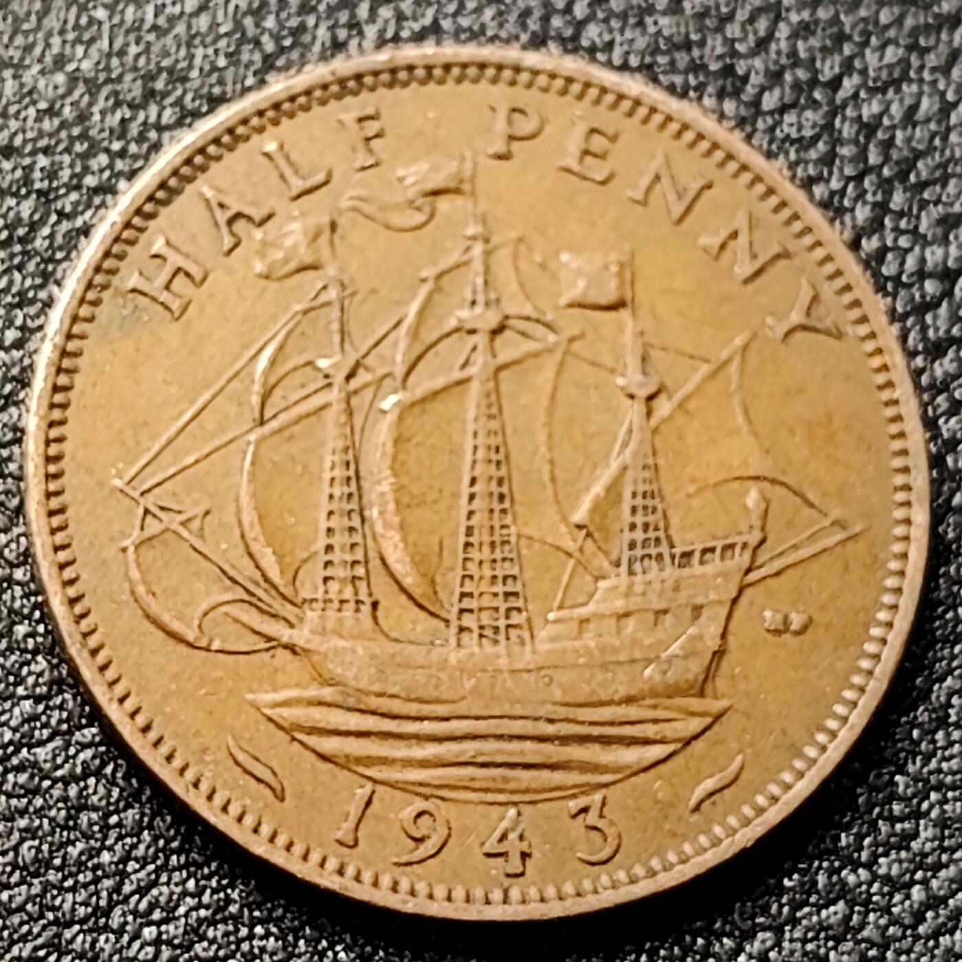 泉币菌-第120场-精品福利场 英国1943年1/2半便士 乔治六世 巧克力包浆 25.4mm