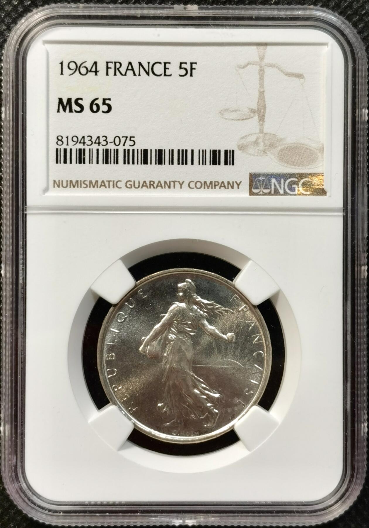 甄臻铺-世界币章拍卖（第37期），送拍享返佣金等优惠多多 NGC-MS65 法国 1964年 播种女神 5法郎银币 粉光