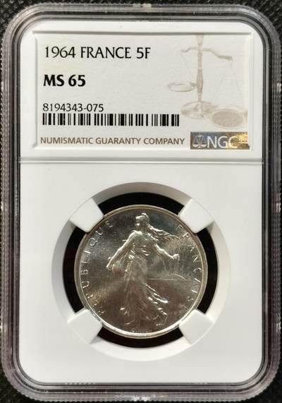 甄臻铺-世界币章拍卖（第37期），送拍享返佣金等优惠多多 - NGC-MS65 法国 1964年 播种女神 5法郎银币 粉光