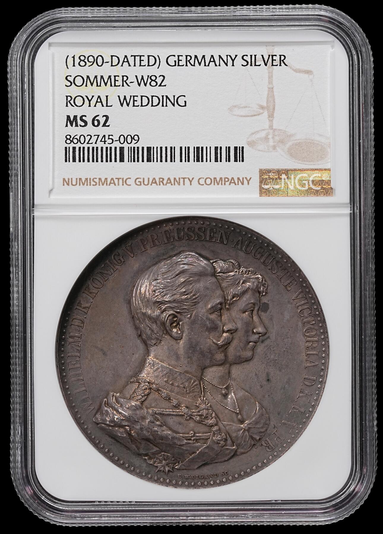 修遠堂世界钱币第九十一期 NGC MS62 威廉二世结婚纪念大银章 漂亮的五彩包浆 45mm，重50g