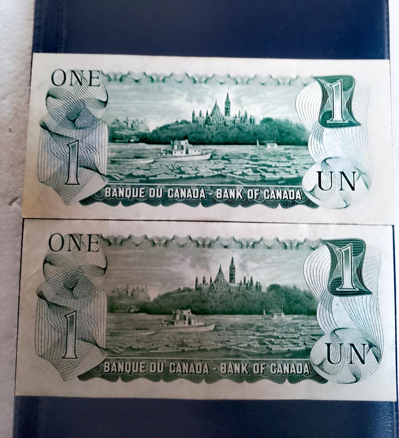 全新加拿大1973年1加元靓品纸币2枚一对