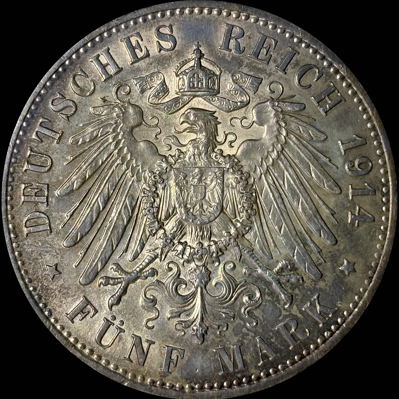 【雨安】【世界币章112-113期】周五/周六 两场连拍 2025-10-31 周五 19:30 保真 8秒倒数自动落锤 高效拍卖  [裸币德国] Germany 德国 帝国 普鲁士 5马克 (1913-1914) 军装 1914年