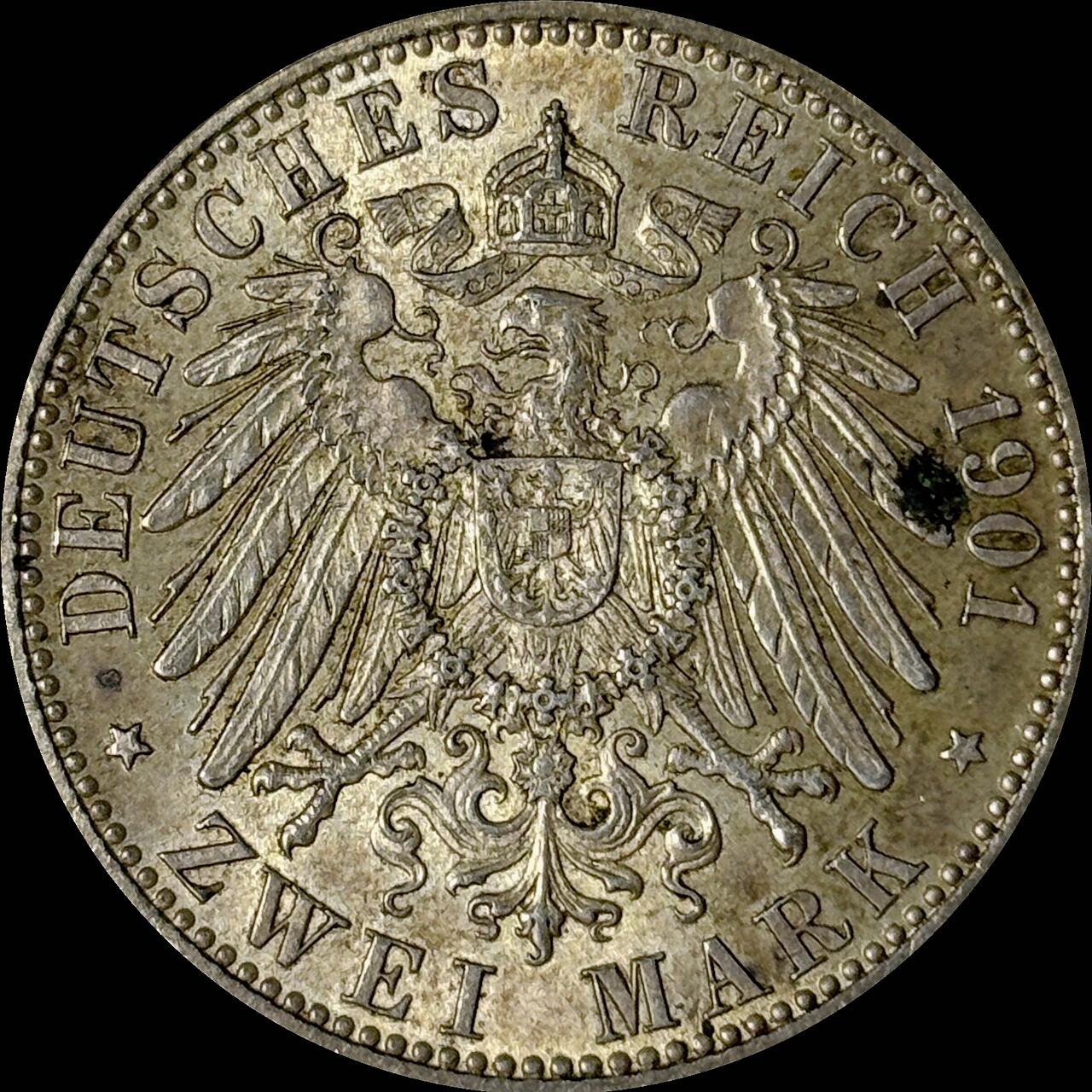 【雨安】【世界币章112-113期】周五/周六 两场连拍 2025-10-31 周五 19:30 保真 8秒倒数自动落锤 高效拍卖  [裸币德国] Germany 德国 帝国 普鲁士 2马克 (1901) 建国 1901年