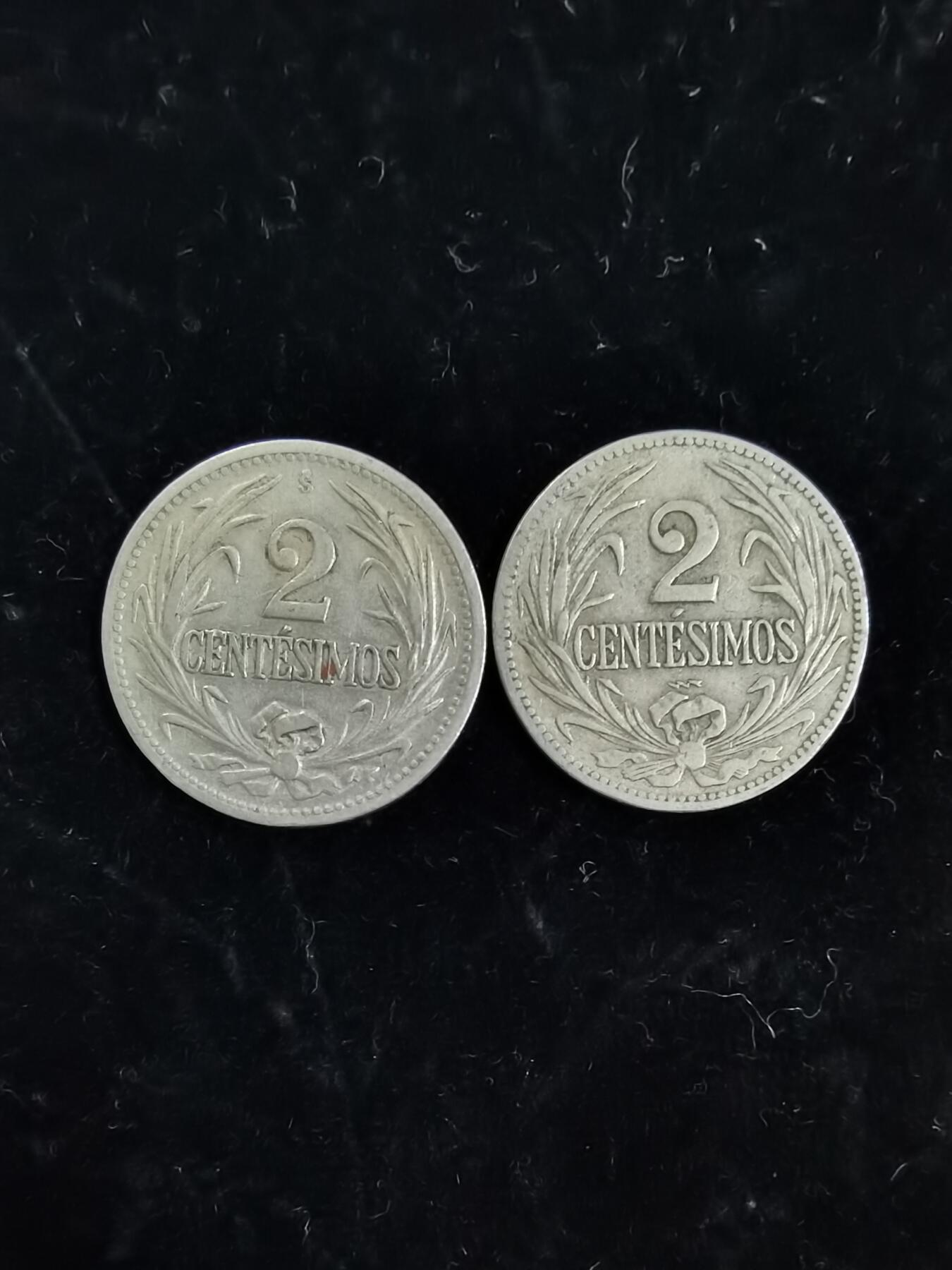 低价出乌拉圭1941年2分铜币，两枚一起出!!