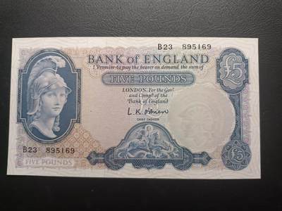 2025十一月第一期，总199期 - 英格兰B序列5镑UNC实心字版无47，此版本唯一的面值，不列颠尼亚女神和狮子