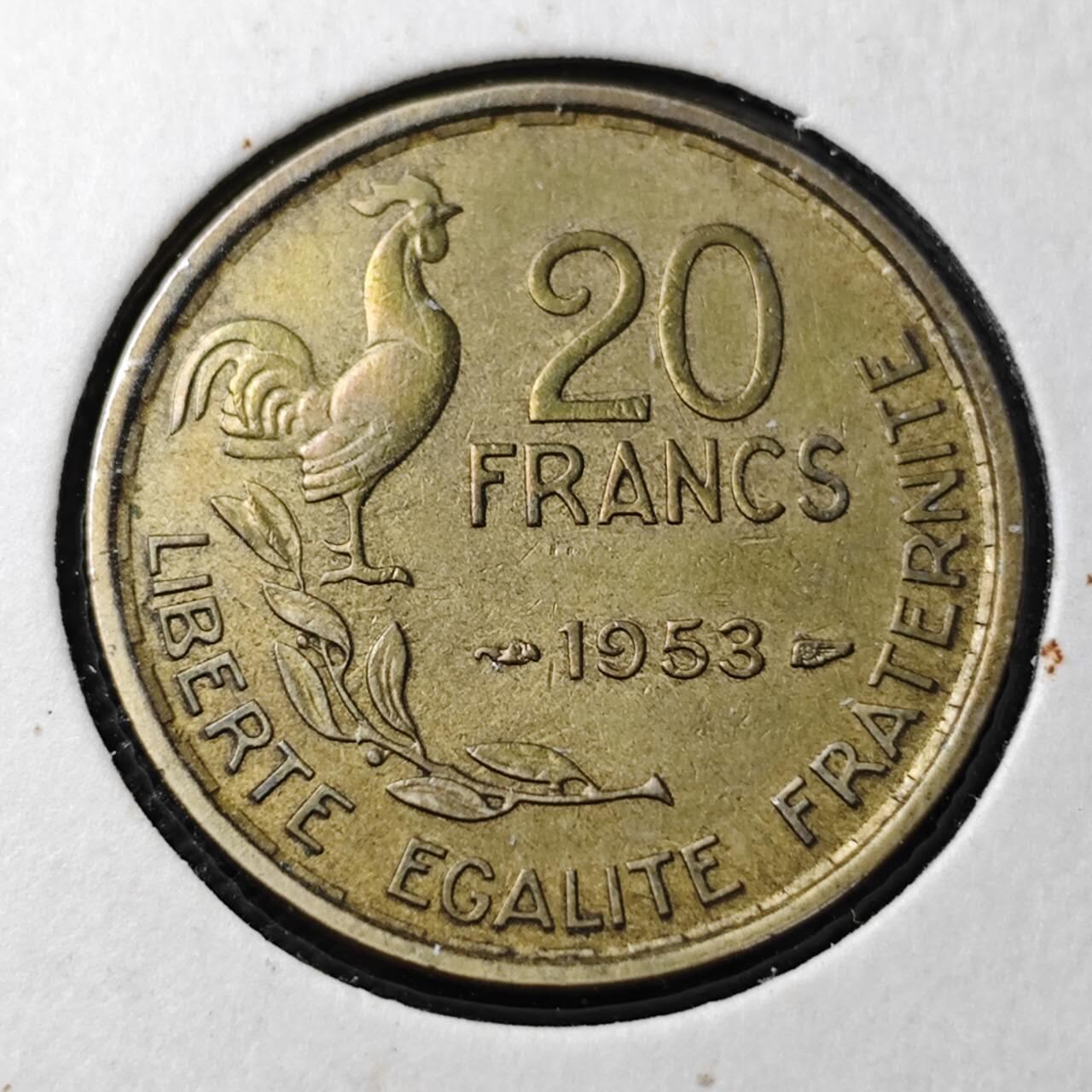 KK钱币收藏小铺  第362场  2月预留时间 周末发货  1953法国20法郎