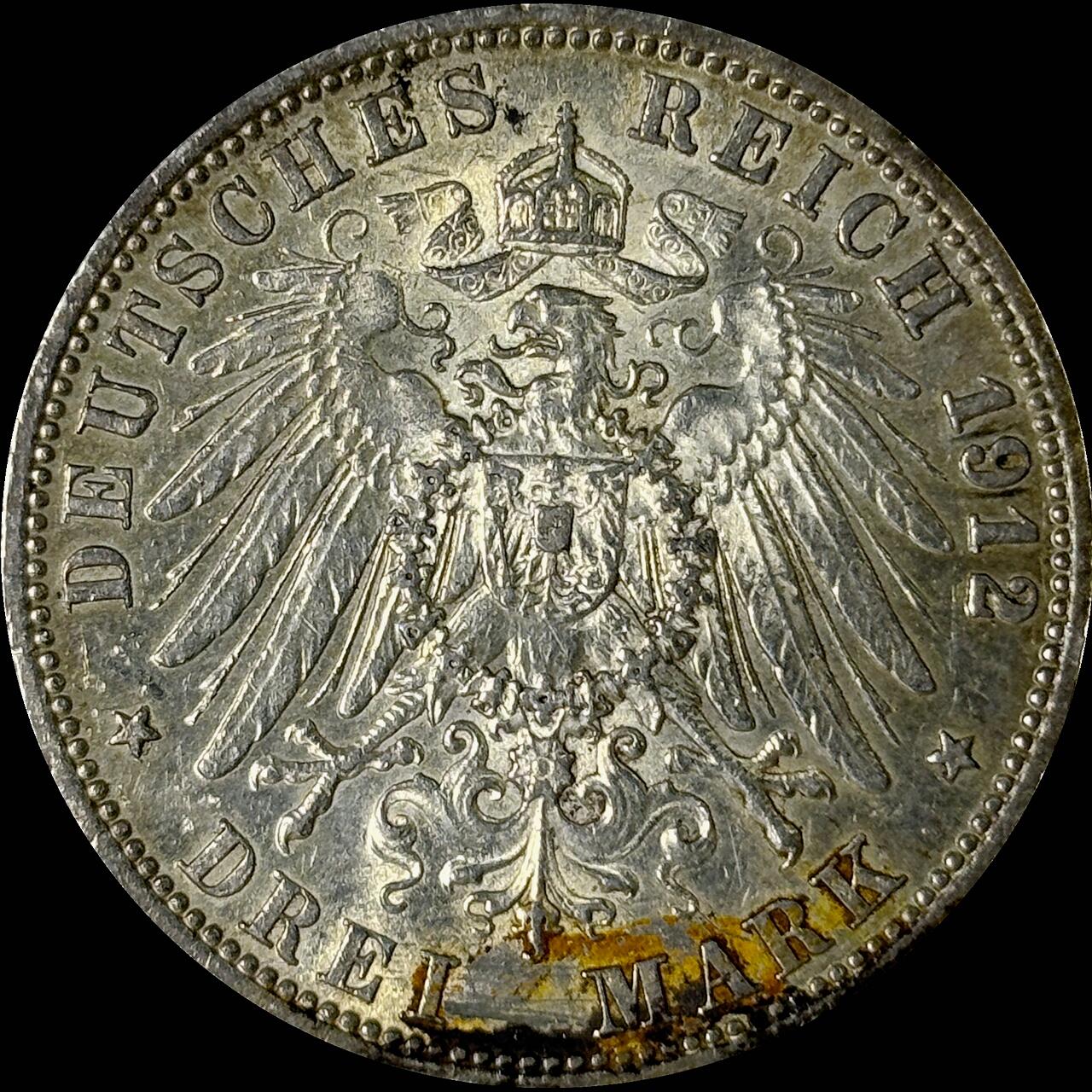 【雨安】【世界币章112-113期】周五/周六 两场连拍 2025-10-31 周五 19:30 保真 8秒倒数自动落锤 高效拍卖  [裸币德国] Germany 德国 帝国 普鲁士 3马克 威廉二世 1912年