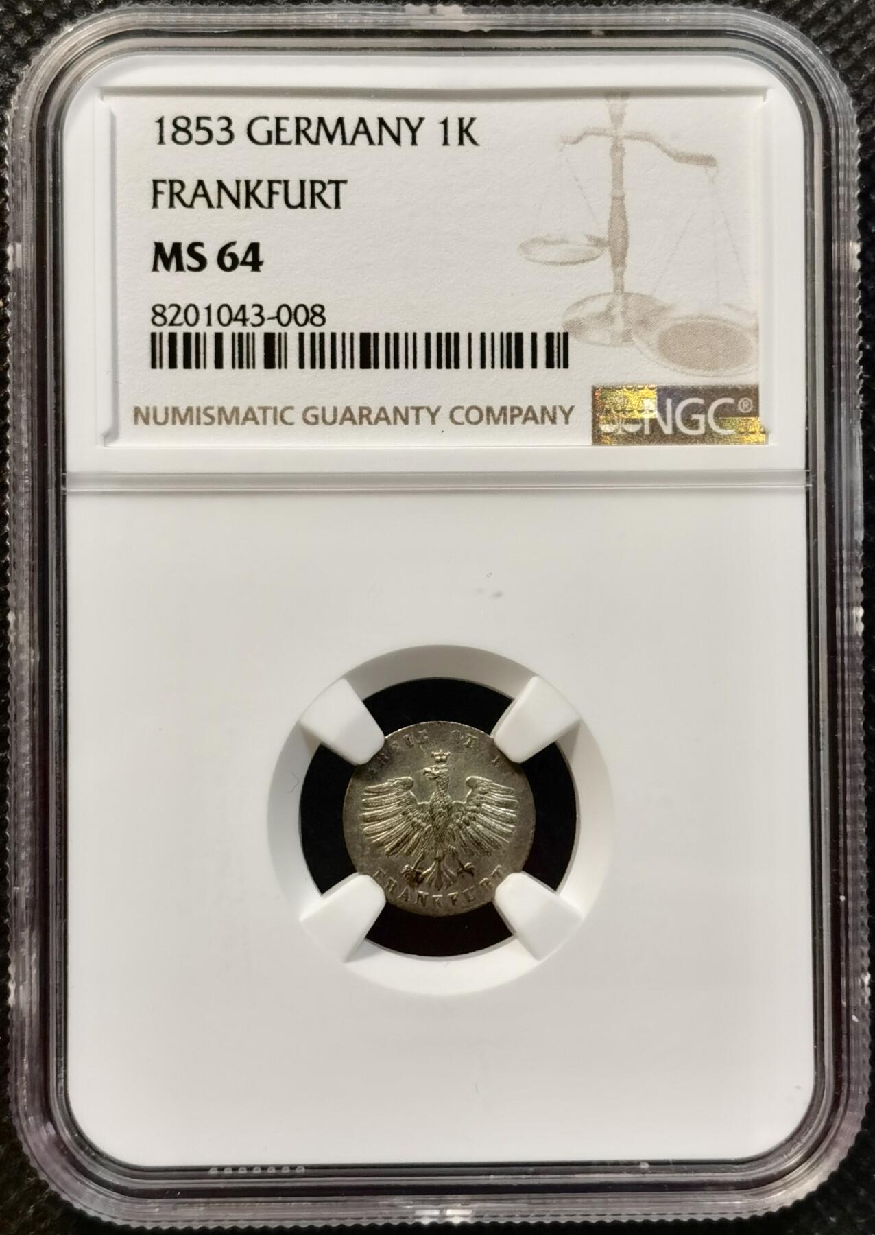 甄臻铺-世界币章拍卖（第37期），送拍享返佣金等优惠多多 NGC-MS64 1853年德国1克鲁兹银币 离冠鹰 完美品相 分毫毕现
