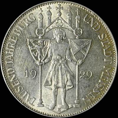 【雨安】【世界币章112-113期】周五/周六 两场连拍 2025-10-31 周五 19:30 保真 8秒倒数自动落锤 高效拍卖  - [裸币德国] Germany 德国 魏玛 3马克 KM#65 梅森千年 1929年