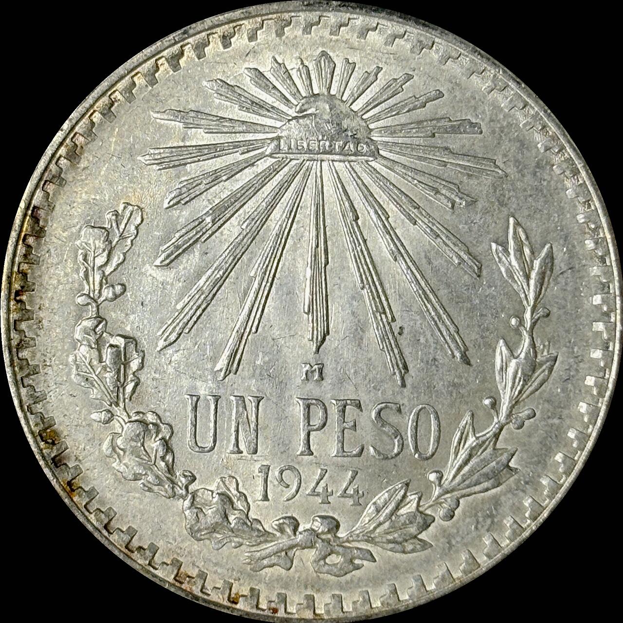 【雨安】【世界币章112-113期】周五/周六 两场连拍 2025-10-31 周五 19:30 保真 8秒倒数自动落锤 高效拍卖  [裸币各国] Mexico 墨西哥 1比索 1944年 KM# 455 [16.66 g., 0.720 Silver]