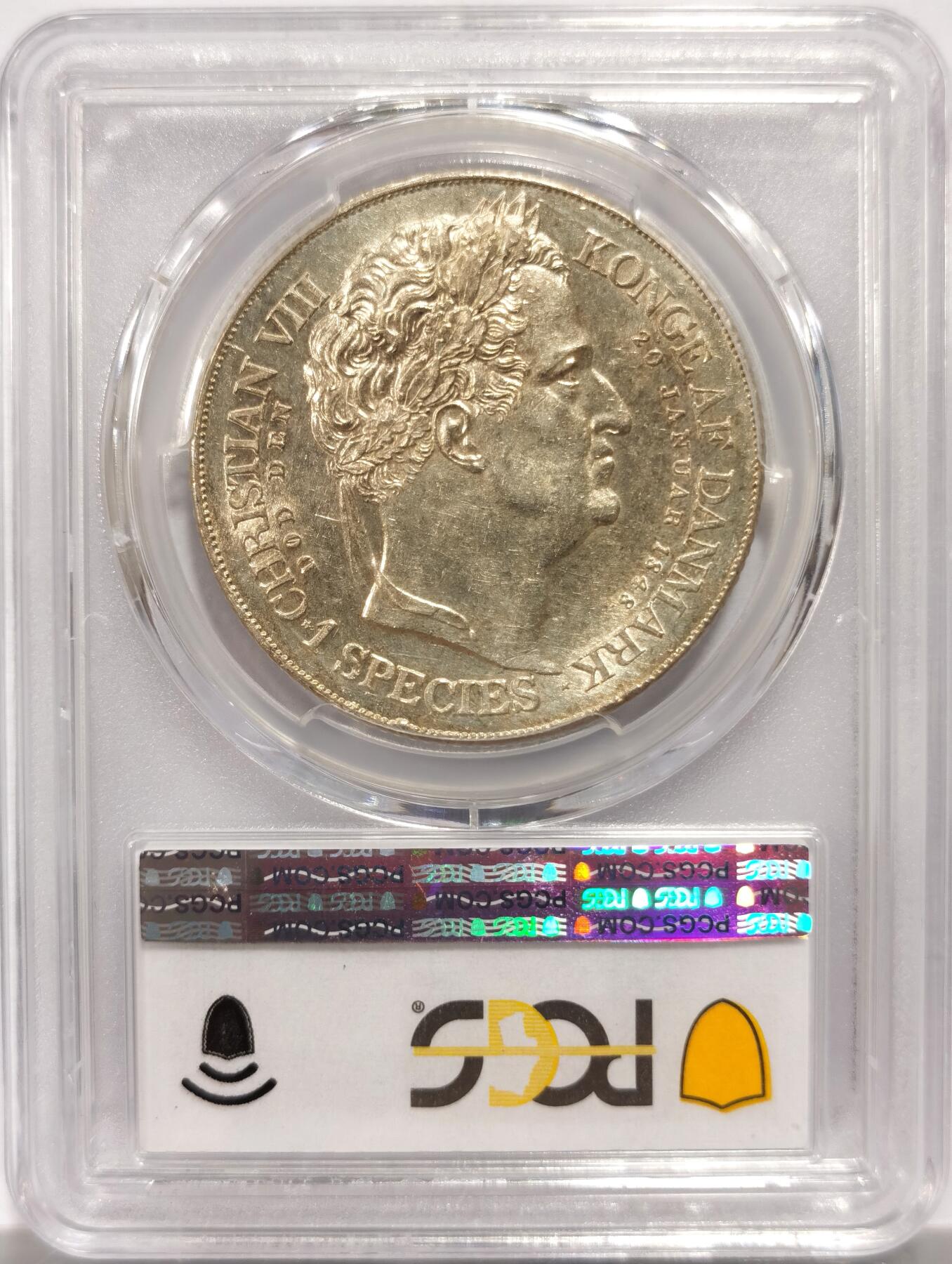 博洋堂世界钱币拍卖第144期（全场包邮） PCGS AU58 1848年丹麦克里斯蒂安七世逝世和弗雷德里克七世登极纪念1SD大银币，极少见品种，双王同币很特殊的设计。此枚黄油包浆强车轮光，状态远超58分平均水准。麦稀奇此前同分3300元成交