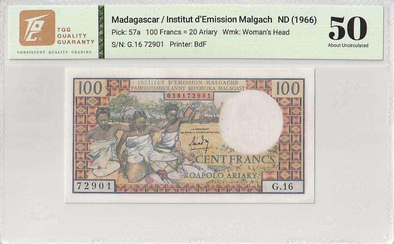 2025十一月第一期，总199期 马尔加什（现马达加斯加）1966版100法郎TQG50分，纺织妇女和猴面包树