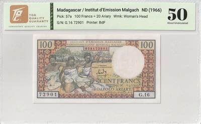 2025十一月第一期，总199期 - 马尔加什（现马达加斯加）1966版100法郎TQG50分，纺织妇女和猴面包树
