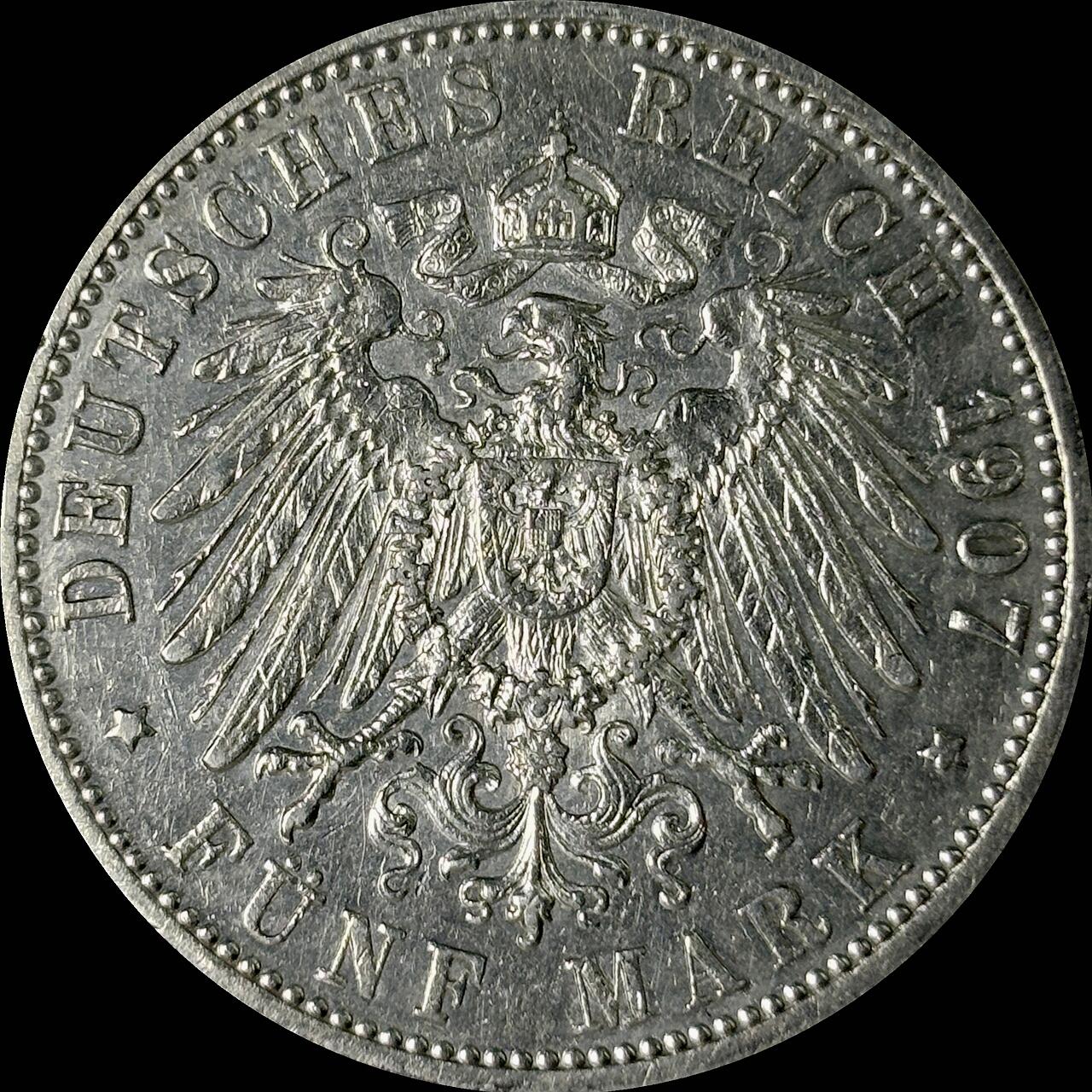 【雨安】【世界币章112-113期】周五/周六 两场连拍 2025-10-31 周五 19:30 保真 8秒倒数自动落锤 高效拍卖  [裸币德国] Germany 德国 帝国 巴登 5马克 弗里德里希一世 右侧 1907年