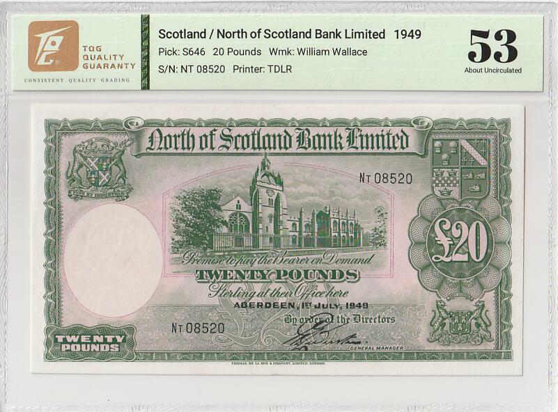 2025十一月第一期，总199期 苏格兰北方银行1949年20镑TQG53分无47，阿伯丁大教堂和银行徽章，极稀有早期大票幅大面值品种，已不存在的银行