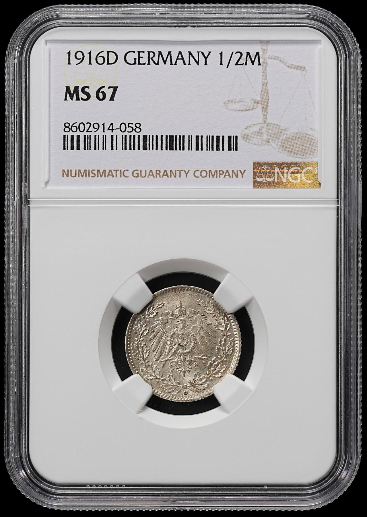 修遠堂世界钱币第九十一期 NGC MS67 1916年德国1/2马克银币 D厂铭