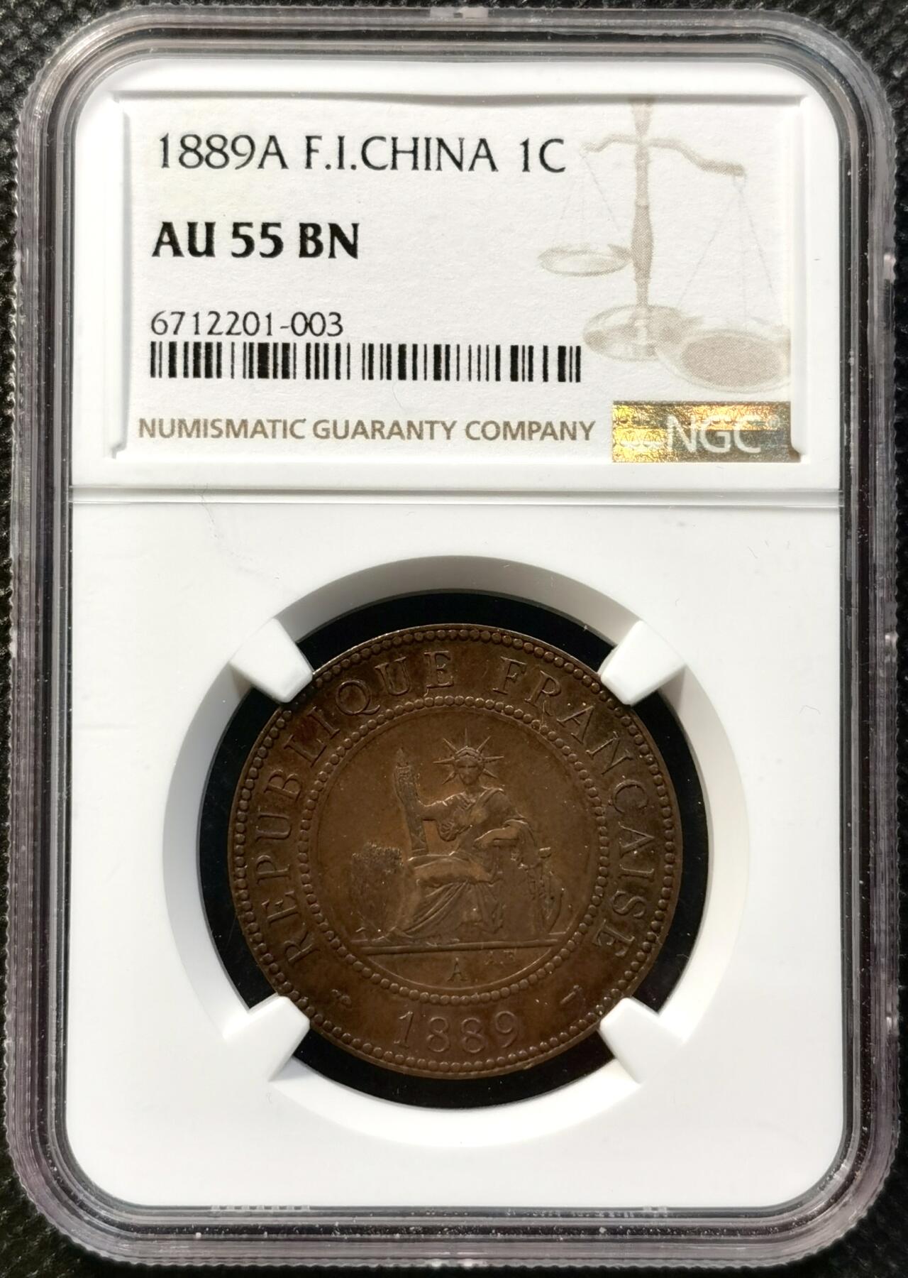 甄臻铺-世界币章拍卖（第37期），送拍享返佣金等优惠多多 NGC-AU55BN 法属印支 1889年A 坐洋一分 百分之一铜币
