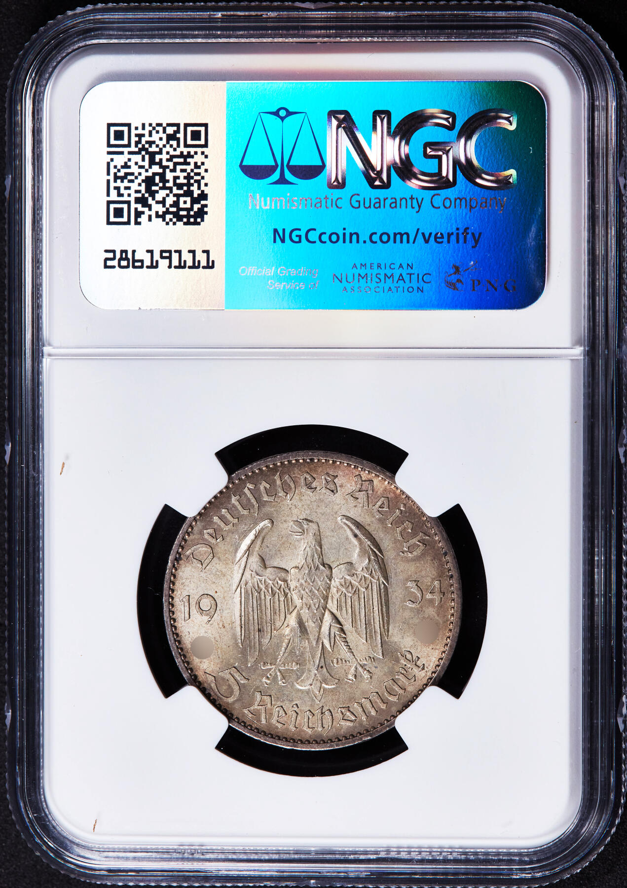 【俄甄集藏】2025年(044)11-12星期三晚 19:30 全场包邮 德国第三帝国1934年A版波茨坦教堂加字5马克银币，NGC MS61，黄油五彩转光品相，疑似错杀，原图联系客服