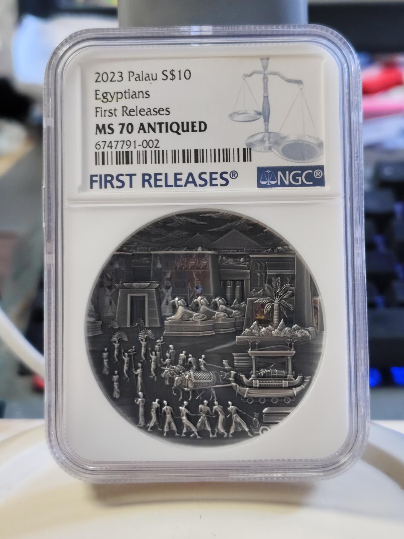 第180期拍卖【长期征集拍品】【北京币展专场】 帕劳2023年葬礼往生系列埃及2盎司仿古彩色纪念银币NGC-MS70首原盒证书，999银，发行555枚